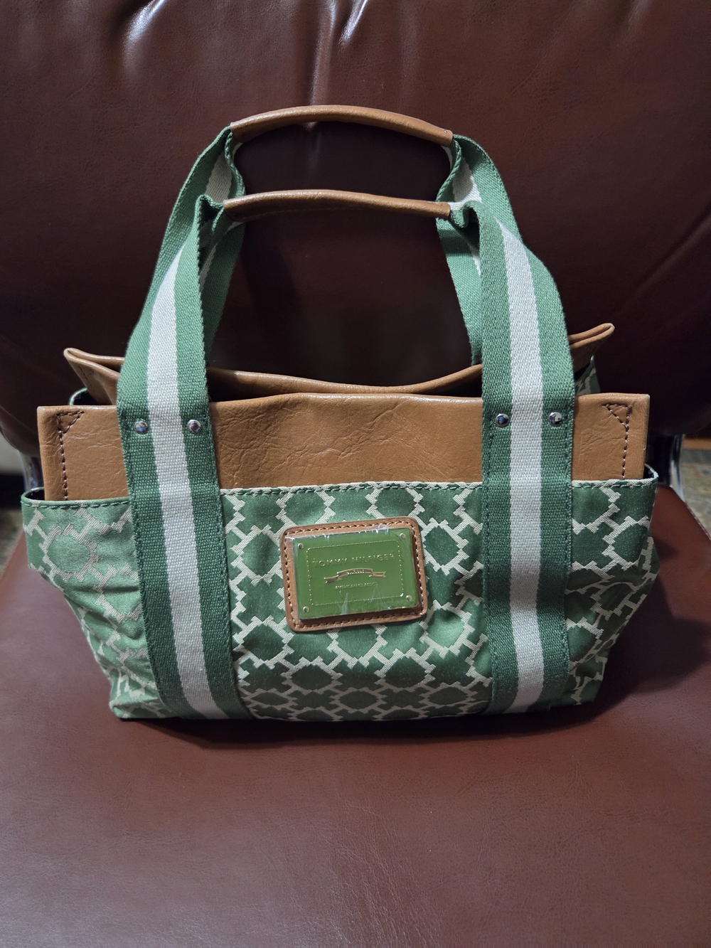 Tommy Hilfiger Green Patterned Tote with Tan Trim and Striped Handles